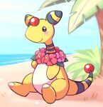  ampharos beach blue_sky blush day flower flower_necklace full_body grass hibiscus lei no_humans ocean outdoors palm_tree pink_flower pokemon pokemon_(creature) red_flower sitting sky smile solo tansho tree 