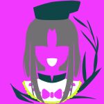  black_headwear branch collared_shirt frilled_shirt frilled_shirt_collar frills grey_hair hat highres limited_palette long_hair maskin_mei minimalism nishida_satono open_mouth purple_background purple_ribbon ribbon shirt smile tate_eboshi touhou 