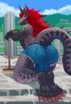  anthro big_bulge big_butt broom bulge bushiroad butt cleaning_tool clothed clothing demon demon_lord_dragon_batzz dragon future_card_buddyfight grey_body grey_scales hair hi_res horn kneeling male partially_clothed rear_view red_hair scales scalie sellon shirtless solo 