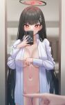  1girl black_hair black_nails blue_archive blunt_bangs blurry blurry_foreground breasts bright_pupils collared_shirt covering_nipples female_pov hair_ornament hairclip halo holding holding_phone indoors large_breasts long_hair looking_at_mirror meme mijikayo_(user_eyyx8247) mirror naked_shirt one_finger_selfie_challenge_(meme) phone pov red_eyes reflection reflection_focus rio_(blue_archive) shirt solo taking_picture white_shirt 