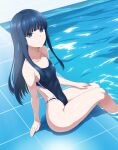  1girl absurdres black_hair black_one-piece_swimsuit blue_eyes blunt_bangs breasts competition_swimsuit highleg highleg_swimsuit highres mucoro one-piece_swimsuit original pool poolside small_breasts soaking_feet solo swimsuit tile_floor tiles 