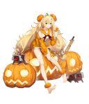  1girl absurdres barefoot blonde_hair cup dinergate_(girls&#039;_frontline) dress fabarm_sat-8 food-themed_hair_ornament full_body girls&#039;_frontline green_eyes gun hair_ornament hair_scrunchie halloween highres holding holding_cup jack-o&#039;-lantern legs long_hair looking_at_viewer messy_hair mug off_shoulder on_pumpkin orange_sailor_collar orange_sweater pumpkin pumpkin_hair_ornament s.a.t.8_(girls&#039;_frontline) s.a.t.8_(pumpkin_skewers)_(girls&#039;_frontline) sailor_collar scrunchie shotgun silk simple_background sitting sleeveless sleeveless_dress smile solo spider_web sweater very_long_hair weapon white_background white_dress xignore 