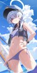  1girl absurdres ahoge ass_visible_through_thighs bare_arms bare_shoulders beach bikini bikini_pull blue_archive blue_bikini blue_halo blue_sky blush breasts clothes_pull cloud collarbone cowboy_shot day flak_jacket from_below grey_hair groin hair_over_eyes halo hand_on_own_hip hat highres hutosutoro jacket long_hair looking_at_viewer ocean outdoors peaked_cap police police_hat police_uniform policewoman side-tie_bikini_bottom sky small_breasts solo stomach swimsuit uniform valkyrie_police_academy_student_(blue_archive) wading water wet 
