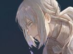  1boy 31tamagokake580 armor bedivere_(fate) blush braid clenched_teeth close-up crying crying_with_eyes_open fate/grand_order fate_(series) flower french_braid from_side green_background green_eyes hair_between_eyes hair_tubes highres long_hair looking_down low_ponytail male_focus portrait profile purple_flower tears teeth white_hair 
