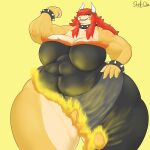  1:1 absurd_res animal_humanoid anthro belly big_breasts bowser bowsette_meme breasts burnt_clothing clothing colored crown digital_drawing_(artwork) digital_media_(artwork) female fire headgear hi_res huge_breasts humanoid koopa koopa_humanoid larger_female mario_bros meme muscular muscular_female nintendo overweight overweight_female reptile scalie scalie_humanoid shaded shell-oz size_difference smile solo super_crown turtle 