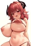  1girl bikini breasts covered_nipples fang goat-chan_(enarane) goat_girl goat_horns gradient_background highres horns huge_breasts kaptivate looking_at_viewer monster_girl navel nipples one_breast_out open_mouth original red_bikini red_eyes red_hair smile solo stomach swimsuit white_background 