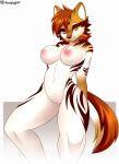  anthro big_breasts breasts canid canine canis female fur hair hi_res looking_at_viewer mammal moonfluffmf nipples orange_body orange_fur orange_hair red_body red_fur sitting smile stripes white_body white_fur wolf yellow_eyes 