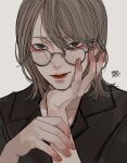  1boy brown_hair brown_jacket closed_mouth fingernails glasses hair_between_eyes head_rest highres jacket kagoya1219 light_smile looking_at_viewer looking_over_eyewear male_focus medium_hair original sanpaku signature simple_background solo upper_body variant_set white_background 