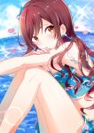  1girl amatechiyu artist_name bikini blush breasts brown_hair cleavage cloud cloudy_sky day earrings frilled_bikini frills hair_ribbon hand_on_own_arm heart highres hugging_own_legs idolmaster idolmaster_shiny_colors jewelry long_hair looking_at_viewer medium_breasts ocean osaki_amana parted_lips pink_nails pipi_o_(pipioo08) ribbon sky solo sunlight swimsuit yellow_eyes 