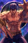  1boy abs afterimage belt black_hair fighting_stance hokuto_no_ken hungry_clicker kenshiro looking_at_viewer male_focus muscular muscular_male open_mouth outstretched_arms pectorals scar scar_on_chest scar_on_stomach single_bracer solo wrist_wrap 