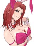  1girl bare_shoulders blue_eyes breasts cleavage closed_mouth code_geass commentary headband highres kallen_stadtfeld large_breasts leotard looking_at_viewer official_alternate_costume pink_leotard playboy_bunny red_hair shan_laotou short_hair solo white_background wrist_cuffs 