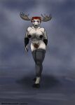  2023 absurd_res anthro antlers big_breasts blue_eyes breasts capreoline clothing colored cosplay dark_nipples deer female fog foggy_background hair hi_res highlights_(coloring) horn leg_warmers legwear looking_at_viewer mammal moose muscular muscular_female navel panzerschreckleopard pubes red_hair return_of_the_living_dead solo victoria_(panzerschreckleopard) walking walking_towards_viewer 