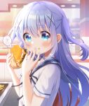  1girl ? blue_eyes blue_hair blush burger food gochuumon_wa_usagi_desu_ka? hair_ornament indoors kafuu_chino long_hair looking_at_viewer mozukun43 school_uniform serafuku solo spoken_question_mark upper_body x_hair_ornament 