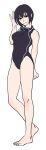  1girl barefoot black_eyes black_hair black_one-piece_swimsuit bob_cut breasts competition_swimsuit eyelashes goggles goggles_around_neck groin hair_between_eyes hand_up highres light_smile looking_at_viewer medium_breasts nihonbashi_yowoko official_art one-piece_swimsuit school_swimsuit short_hair shoujo_fight simple_background standing standing_on_one_leg swimsuit thighs toes 