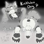  anthro bodily_fluids bottomless canid canine canis clothed clothing cum cum_inside dreamworks erection feet foxkai gaping genital_fluids genitals hi_res inktober inktober_2023 kinktober leaking_cum male male/male mammal mr._wolf_(the_bad_guys) pawpads penis questionable_consent soles solo solo_focus stuck the_bad_guys through_wall wolf 