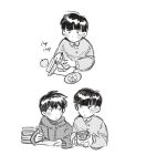  2boys aged_down apple blunt_bangs blush brothers child chopping closed_mouth commentary english_commentary food fruit greyscale highres holding holding_food holding_fruit holding_pencil hood hood_down hoodie kageyama_ritsu kageyama_shigeo long_sleeves looking_at_another male_child male_focus mob_psycho_100 monochrome mp100days multiple_boys pencil short_hair siblings simple_background upper_body white_background 
