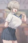  1girl arm_behind_back blurry blurry_background breasts collared_shirt commentary cowboy_shot fang from_side grey_hair grey_necktie grey_skirt hair_over_eyes highres holding_necktie huge_breasts indoors jorin leaning_forward necktie open_mouth pleated_skirt school_uniform shirt shirt_tucked_in short_hair short_sleeves sidelocks skin_fang skirt solo symbol-only_commentary uzaki-chan_wa_asobitai! uzaki_yanagi white_shirt 