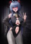  1girl adapted_costume bare_shoulders bell black_horns black_jacket black_leotard blue_hair blush breasts cleavage contemporary contrapposto corruption cowbell cropped_legs curtains empty_eyes genshin_impact hand_on_own_hip highres horns jacket leotard navel open_clothes open_jacket open_mouth pantyhose suou-sensei sweater_jacket thighs v white_pantyhose 