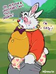  absurd_res alice_in_wonderland anthro bottomwear bulge butt clothed clothing dressing grandfather_(lore) grandparent_(lore) hi_res hollowpup lagomorph leporid male mammal mature_male old open_bottomwear open_clothing open_pants overweight pants pants_meme rabbit solo the_white_rabbit 