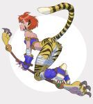  1girl animal_ears ass breath_of_fire breath_of_fire_ii bustier cat_ears cat_tail closed_mouth cloud facial_mark feet full_body green_eyes highres lips looking_at_viewer orange_hair pointy_ears rinpoo_chuan short_hair smile solo staff tail urasato 