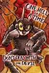  1boy arm_on_knee clenched_hand colored_sclera commentary_request cuphead_(game) demon demon_horns english_text fiery_background fingernails fire grey_fur half-closed_eye hand_on_own_chin highres horns looking_at_viewer open_mouth over_shoulder pitchfork red_background red_eyes sharp_fingernails sharp_toenails signature sitting smile teeth the_devil_(cuphead) throne toenails weapon weapon_over_shoulder white_horns yamato_koara yellow_sclera 