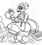  2023 4_toes anthro black_and_white claws desk eyewear feet female foot_focus furniture glasses hi_res humanoid_feet lipstick makeup mammal monochrome mouse murid murine on_desk phone plantigrade pzf_(artist) rodent samantha_(hyenatig) soles solo table toe_claws toes 