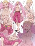  1boy abs bleeding blonde_hair blood blood_on_clothes blood_on_face bruise capri_pants chain chained coat collarbone commentary donquixote_doflamingo earrings feather_coat grin injury jewelry leg_hair male_focus muscular muscular_male nashieda navel nipples no_eyewear nosebleed one_piece open_clothes open_mouth pants pectorals pink_coat restrained shirt shoes short_hair smile sunglasses symbol-only_commentary thread tinted_eyewear translation_request white-framed_eyewear white_shirt 