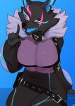  absurd_res anthro big_breasts black_body black_fur bottomwear breasts buta99 canid canine canis cleavage clothed clothing collar epic_games eye_scar facial_scar female fortnite fully_clothed fur hi_res mammal notched_ear open_mouth pack_leader_highwire pants scar sitting solo wolf 