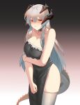  1girl :t absurdres arknights bare_arms bare_shoulders black_background black_choker black_dress breasts choker cleavage commentary_request cowboy_shot dress gradient_background grey_hair grey_thighhighs highres horns large_breasts long_hair looking_at_viewer najashi red_eyes saria_(arknights) solo standing strapless strapless_dress tail thighhighs thighs very_long_hair 
