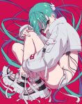  1girl green_hair highres jacket long_hair looking_at_viewer navel original red_background red_eyes romi_dajung shorts solo techwear twintails very_long_hair white_jacket white_shorts 