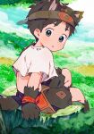  1boy blue_sky brown_gloves brown_hair child cloud cloudy_sky english_commentary gloves highres looking_at_viewer looking_back male_child male_focus mixed-language_commentary nemui_(nemuriyagi) on_grass original shirt short_hair short_sleeves shorts sitting_on_tree_stump sky solo tail white_shirt wolf_boy wolf_tail 