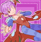  1girl ;) bat_wings blue_pantyhose boots breasts bridal_gauntlets cleavage demon_girl diamond_cutout hair_between_eyes head_wings knee_boots leotard lilith_aensland one_eye_closed outline pantyhose purple_hair red_eyes red_footwear red_leotard short_hair sicky_(pit-bull) smile solo split_mouth vampire_(game) white_outline wings 