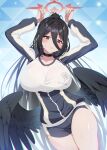  1girl black_choker black_hair black_jacket black_shorts black_wings blue_archive blush breasts choker closed_mouth collarbone feathered_wings gym_shirt gym_shorts gym_uniform halo hasumi_(blue_archive) hasumi_(track)_(blue_archive) highres jacket large_breasts long_hair long_sleeves matsumoto_tomoyohi official_alternate_costume ponytail red_eyes red_halo shirt shorts solo track_jacket very_long_hair white_shirt wings 