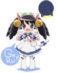  1girl :d animal_hands animal_hat apron bag bell black_hair blue_dress blue_eyes blue_ribbon cat cat_hat cat_tail catchphrase commentary_request cosplay dejiko dejiko_(cosplay) di_gi_charat dress edamame_(buruburu) fangs full_body gaaruru_(pripara) gema gloves hair_bell hair_ornament hands_up hat headphones highres jingle_bell long_hair looking_at_viewer maid_apron neko_(pripara) open_mouth paw_gloves paw_shoes pretty_(series) pripara ribbon smile solo speech_bubble standing tail twintails white_background white_footwear white_gloves 