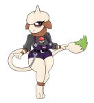  3_fingers anthro belt bottomwear breasts chain clothing ears_down female fingers generation_2_pokemon nintendo overalls pivoted_ears pokeball pokemon pokemon_(species) purple_clothing purple_eyes shirt shorts simple_background smeargle solo tail tongue topwear urusee584 white_background white_body 