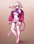  absurd_res anthro bandai_namco bell-bell_(artist) bell-bell_(character) belly_tattoo claws clothed clothing digimon digimon_(species) digital_media_(artwork) erection felid feline fur gatomon genitals girly hi_res male mammal mohawk partially_clothed penis piercing pink_body simple_background smile solo tattoo 