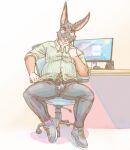  anthro bulge clothed clothing digital_media_(artwork) lagomorph lavilovi leporid looking_at_viewer male mammal pubes rabbit sambun_(tim) simple_background slightly_chubby solo spread_legs spreading 