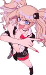  1girl \m/ absurdres bear_hair_ornament big_hair black_choker black_footwear black_shirt blonde_hair blue_eyes boots bow breasts choker cleavage danganronpa:_trigger_happy_havoc danganronpa_(series) enoshima_junko fingernails foreshortening from_above full_body hair_ornament hands_up highres knee_boots large_breasts legs_apart long_hair looking_at_viewer nail_polish open_mouth pleated_skirt red_bow red_nails sharp_fingernails shirt simple_background skirt sleeves_rolled_up smile solo standing tsukiyo_michi twintails white_background 