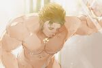  1boy abs bara blonde_hair closed_eyes closed_mouth completely_nude facial_hair goatee hinokumo_f jacob_(housamo) large_pectorals male_focus muscular muscular_male navel nipples nude pectorals scar scar_on_face scar_on_nose short_hair solo teeth tokyo_afterschool_summoners upper_teeth_only 