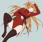  1girl :o arm_on_head arm_under_breasts asuna_(sao) braid breasts brown_eyes brown_hair brown_thighhighs foot_out_of_frame groin highres knee_up large_breasts leotard leotard_sweater long_hair long_sleeves lying no_shoes on_back open_mouth puge red_leotard red_sweater solo sweater sword_art_online thighhighs toeless_legwear 