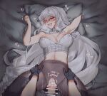  2girls :d areola_slip arknights armpits arms_up bar_censor black_footwear black_gloves black_pantyhose blush boots breasts censored futanari futanari_pov gloves grey_hair heart highres large_breasts long_hair lying meme_attire motion_lines multiple_girls navel on_back on_bed open-chest_sweater open_mouth orz_(kagewaka) pantyhose penis pillow pov pussy red_eyes sex sharp_teeth skadi_(arknights) sleeveless sleeveless_sweater smile specter_(arknights) spread_legs sweater teeth thigh_boots thigh_grab torn_clothes torn_pantyhose upper_teeth_only vaginal very_long_hair x-ray 
