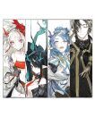  1boy 3girls arknights arm_tattoo arm_up bandana black_hair black_shirt black_skin blue_eyes blue_hair breasts brother_and_sister chong_yue_(arknights) cleavage_cutout closed_eyes clothing_cutout colored_skin cup dragon_girl dragon_horns dress dusk_(arknights) green_skin grey_shorts hair_over_one_eye highres holding holding_cup horns ling_(arknights) multicolored_hair multiple_girls necktie nian_(arknights) pipidan pointy_ears purple_eyes red_bandana red_hair red_necktie red_skin shirt shorts siblings simple_background sisters small_breasts streaked_hair tattoo white_background white_dress white_hair white_shirt 