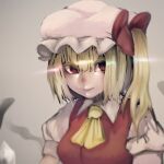  1girl ascot blonde_hair blurry blush bow breasts commentary_request crystal depth_of_field eyebrows_hidden_by_hair flandre_scarlet grey_background hair_between_eyes hair_bow hair_over_one_eye hat looking_at_viewer medium_breasts mob_cap nio_(meple_nio) nose_blush nostrils one_side_up parted_lips puffy_short_sleeves puffy_sleeves red_bow red_eyes red_vest short_hair_with_long_locks short_sleeves simple_background smile solo touhou upper_body vest wing_collar wings yellow_ascot 