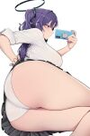  1girl ass blue_archive blue_eyes breasts cellphone closed_mouth clothes_lift halo highres holding holding_phone large_breasts lifted_by_self long_hair looking_at_phone lying mole mole_on_thigh on_side panties phone purple_hair purple_nails selfie shirt simple_background skirt skirt_lift smartphone solo underwear white_background white_panties white_shirt yuuka_(blue_archive) yzr_(yzr99) 