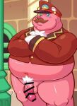  anthro bear bear_jelly_conductor belly big_belly blue_eyes blush bodily_fluids body_hair clothed clothing detailed_background facial_hair genitals gloves handwear hat headgear headwear hupi1008 male mammal mustache navel nipples overweight overweight_male pantsless penis pink_balls pink_body pink_feet pink_nipples pink_nose pink_penis pubes red_clothing red_suit solo suit train_conductor white_clothing white_gloves white_handwear 