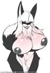  2023 anthro areola big_breasts biped black_areola black_body black_fur black_nipples breasts canid canine countershading female fur hair hi_res huge_breasts leaning leaning_forward mammal navel nipples nude red_eyes sagestrike2_(artist) simple_background sketch smile solo white_background white_body white_countershading white_fur white_hair 