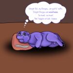  baby_talk balls bodily_fluids crying cuddlybloodily drop_shadow english_text feral fluffy_pony fur genitals hi_res male penis pillow purple_body purple_fur sid_(fluffy_pony) simple_background solo tears text thought_bubble 