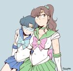  2girls artist_name bishoujo_senshi_sailor_moon blue_hair blue_skirt breasts brown_hair choker closed_eyes collarbone elbow_gloves gloves green_eyes green_skirt large_breasts medium_hair mizuno_ami multiple_girls ponytail sailor_mercury short_hair skirt ticcy white_gloves yuri 