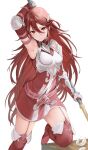  1girl arm_up armor armpits boots breastplate breasts cordelia_(fire_emblem) elbow_gloves feathers fire_emblem fire_emblem_awakening garter_straps gauntlets gloves hair_between_eyes haru_(nakajou-28) highres holding holding_polearm holding_weapon long_hair looking_at_viewer polearm red_eyes red_footwear red_gloves red_hair shoulder_armor small_breasts smile solo thigh_boots very_long_hair weapon white_background wing_hair_ornament 