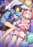  1-4daithi 2girls absurdres admire_vega_(umamusume) barefoot bed blue_shirt blue_shorts brown_hair cellphone closed_eyes closed_mouth curren_chan_(umamusume) grey_hair highres incense indoors lamp looking_at_another low_ponytail lying multiple_girls notice_lines object_hug on_back on_bed on_side one_eye_closed pajamas parted_lips phone pillow pink_shirt pink_shorts purple_eyes shirt shorts slippers smile umamusume 